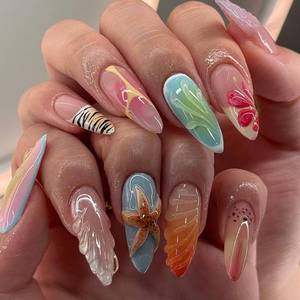 lot 2139 image: Tropical Summer Press on Nails Medium Almond Fake Nails Beach Nails Press ons with Flower Starfish Seashell Designs Reusable Artificial Nail Full Cover Stick on Nails for Women Vacation Manicure 24Pcs