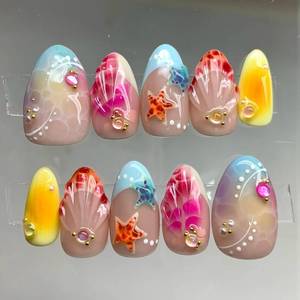 lot 2140 image: 30Pcs Summer Beach Press on Nails Short Almond Fake Nails 3D Shell Starfish ��Gold Gems Rhinestones Designs Full Cover French Tip Stick on Nails Ocean False Nails for Women Acrylic Manicure DIY