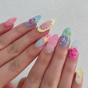 lot 2150 image: 24Pcs Summer Press on Nails Medium Almond Fake Nails Tropical Floral Summer Beach Vacation False Nails with Lemon Hibiscus Design Reusable Artificial Nails Full Cover Glossy Glue on Nails for Women