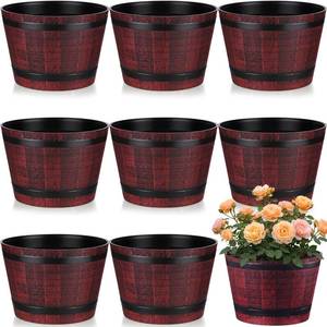 lot 2160 image: Ferrochef 8 Pcs 9.17inch Plant Pots Whiskey Barrel Planter Flower Pot with Drainage Holes Plastic Decoration Large Flower Pots for Indoor Outdoor Plants Garden Home Plants for Houseplants (Gold Red)
