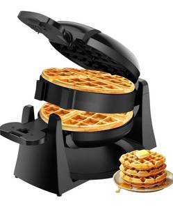 lot 2165 image: Waffle Maker, 1400W Double Belgian Waffle Iron 180° Flip, 8 Slices, Rotating & Nonstick Plates, Removable Drip Tray for Easy Cleaning, Cool Touch Handles, Space Saving Storage, Black