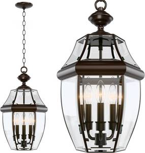 lot 131408 image: Retails for $126 Large Outdoor Pendant Light Fixture 3-Light, 20in Modern Bronze Outdoor Chandelier Hanging Porch Light, Metal Exterior Ceiling Mount Hanging Lantern with Clear Glass for Front Door, Entrance, Gazebo
