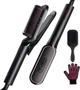 lot 131413 image: TYMO Flat Iron Hair Straightener Brush 2 in 1, 200M Ions Hair Straighteners for Women, Ceramic Straightening Hot Comb for Anti-Frizz Straights, Waves, Curl, 3X Less Heat Damage, Dual Voltage, Black