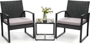 lot 131443 image: 3-Piece Outdoor Wicker Bistro Set, BlackGrey  Patio Conversation Set with Coffee Table & Washable Cushions for Porch, Yard, Balcony