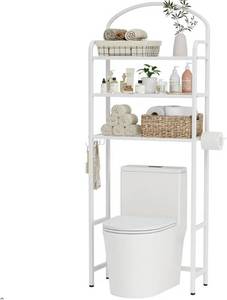 lot 231585 image: 3 Tier Over The Toilet Storage Rack, Bathroom Organizer  Toilet Storage with 4 Hooks & Paper Holder, Space-Saving, Freestanding Bathroom Shelf, Metal, White