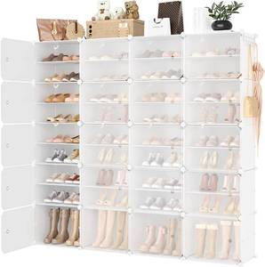 lot 231587 image: Retails for $131 Portable Shoe Rack Organizer with Door, 80 Pairs Shoe Storage Cabinet Easy Assembly, Plastic Adjustable Shoe Storage Organizer Stackable Detachable Free Standing DIY Expandable 10 Tier White