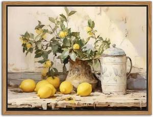 lot 331257 image: Floating Framed Vintage Kitchen Wall Art, Yellow Lemon Still Life Wall Decor Oil Paintings, Rustic Farmhouse Artwork Posters Prints Pictures for Living Room Bedroom Home Decor 16x24 Inch