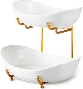 lot 331258 image: 2 Tier Ceramic Fruit Bowl for Kitchen Counter, Tiered Fruit Basket for Countertop, Modern Multi Layer Fruit Display Stand for Party, Cute (Gold&White, Small) 1