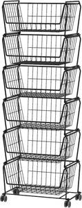 lot 331262 image: PUSDON 6-Tier Tall Stackable Wire Storage Baskets with Wheels, Vertical Metal Rolling Utility Cart, High Capacity Produce Basket for Kitchen Pantry, Snack Organizer, Matte Black