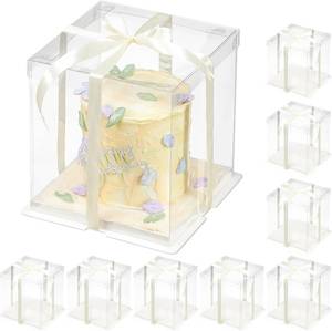lot 431406 image: 8 Pcs Clear Gift Box with Ribbon 3-Layer 10x10x12 Inch, Transparent Cake Carrier Box with Lids, PET Tall Cake Packaging Boxes, Clear Gift Boxes for Birthday,Wedding and Festival Party