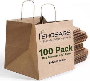 lot 431412 image: EKOBAGS SIENNA 100  Extra Large 12x8x13 Heavy Duty Kraft Paper Gift Bags with Handles  115 GSM Premium Brown Paper Bags Bulk for Small Business, Boutique, Shopping, Catering  FSC Certified, Recyclable  Holds 10 lbs
