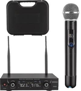 lot 431416 image: Wireless Microphone System with case, Metal UHF Dual Handheld 20 Channels Professional Cordless Mic System for Church, DJ, Karaoke,Wedding, Home KTV Set (Blue)