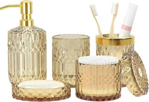 lot 431420 image: Brown Bathroom Accessory Set 5PCS - Amber Glass Bathroom Accessories with Toothbrush Holder Set, Soap Dispenser, Soap Dish, Tumbler, Cotton Swab Jars, Vintage Bathroom Decor Set Housewarming Gift