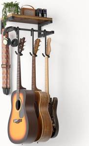 lot 431421 image: Keebofly Guitar Wall Mount Hangers Holds 3 Guitars with Rustic Shelf, 3-Detachable Guitar Hooks Universal Fit for Acoustic, Electric, Bass & Ukulele (Brown)