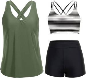 lot 431428 image: Womens 3 Piece Tankini Swimsuit Tummy Control Bathing Suit with Boy Shorts  Modest Swimwear, Athletic Style, Sports Bra Support, Crisscross Back, High-Waist Fit, Multi-Way Styling, Stretch Fabric