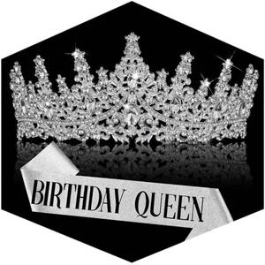 lot 431429 image: Fesciory Birthday Crown for Women, Gold Plated Crystal Tiara with Sash  Sparkling Princess Queen Tiara, Adult Fit, Birthday, Wedding, Prom, Coming of Age Gifts & Halloween Costume Accessories