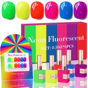 lot 431437 image: Double Rhythm 6 Pcs 15 ML Gel Polish Set Same Color Same Bottle Soak Off Gel Polish Kit Nail Art Manicure Salon DIY at Home for Women (Neon Green Red Pink Blue Purple-T6-12)