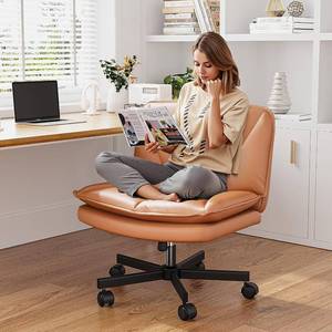lot 201139 image: Criss Cross Chair with Wheels,Cross Legged Office Chair with 2 Layer Cushion,Comfy Wide Seat,Leather,Amless, Vanity Chairs for Home,Office,Bed Room,Adjustable,Orange