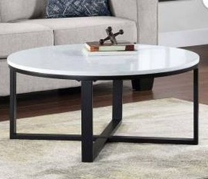 lot 16279 image: Adley Round Coffee Table with Faux Marble Top and Black Metal Base