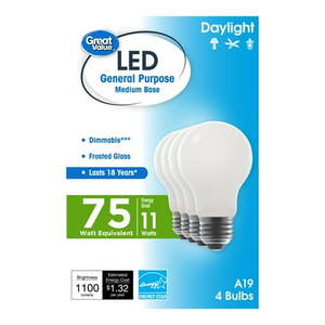lot 61831 image: Great Value 18 Year LED Light Bulbs A19 75 Watts Equivalent  E26  Dimmable  Daylight  Frost Glass  4 Pack