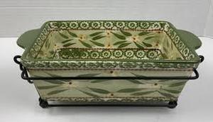 lot 61905 image: Temp-tations Old World Green ceramic square baking dishes with wire serving racks