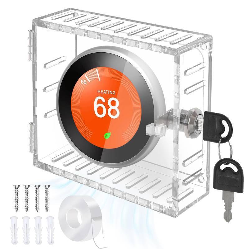 lot 72493 image: Thermostat Lock Box Square - 5 x 5 Thermostat Cover With Lock, No Screws Thermostat LockBox with Key, Clear AC Thermostat Box Cover, Small Acrylic Lock Box For Thermostat on Wall (5x5x2) - Retail $16