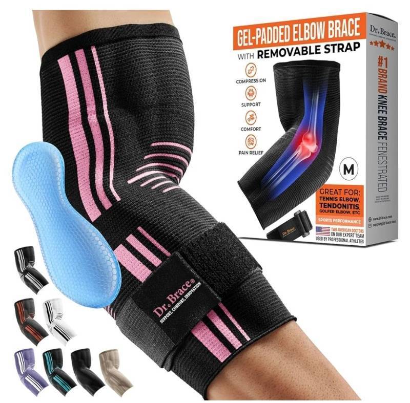 lot 72570 image: DR. BRACE Elite Elbow Brace Support, Breathable Elbow Compression Sleeve with Gel Pad for Golfers, Tennis Elbow & Tendonitis Treatment & Pain Relief 2024 (Black-Pink, Medium) - Retail $20