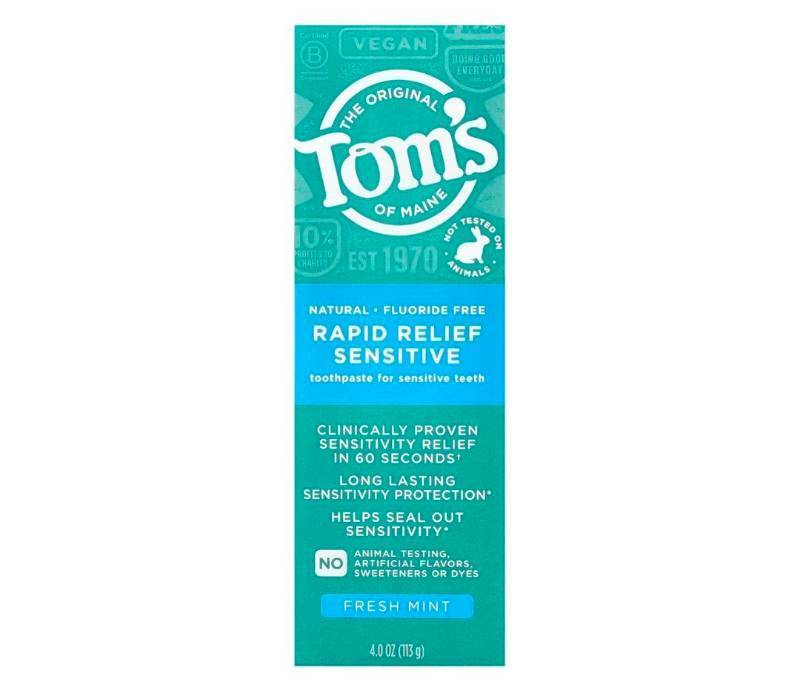 lot 17021 image: Toms of Maine, Natural Rapid Relief Sensitive Fluoride Free Toothpaste - Fresh Mint, 4 Ounce - Retail $6