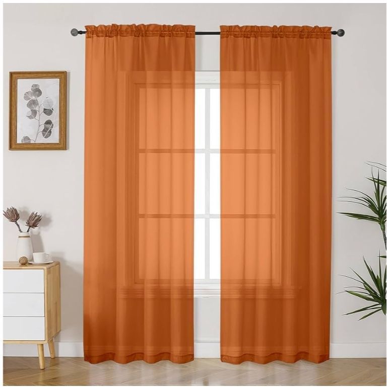lot 17082 image: Orange Sheer Curtains 84 Inches Long 2 Panels Set for Living Room, Light Filtering Fall Curtains for Bedroom Living Room, Elegant Window Curtain Drapes, Each 42 Wx84 L - Retail $10