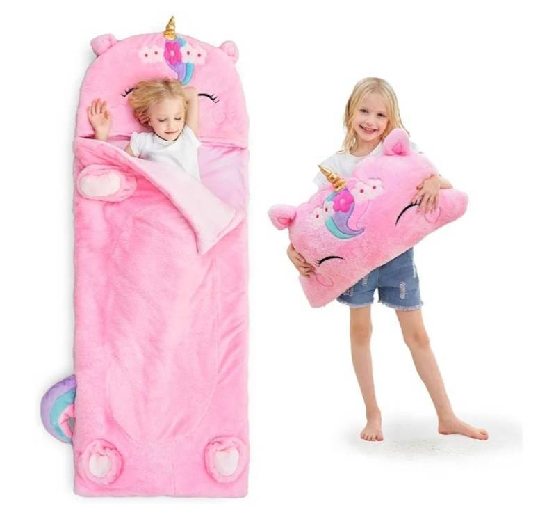 lot 17090 image: Unicorn Sleeping Bag, Toddler Girl Nap Mat, Plush Animal Slumber Bag 2 In 1 Pink Pillow Daycare Preschool Kindergarten Birthday Gift Travel Sleepover 3 4 5 6 7 8 10 12 Yr Child Teen. NEEDS TO BE WASHED. SEE LAST PHOTO. - Retail $59