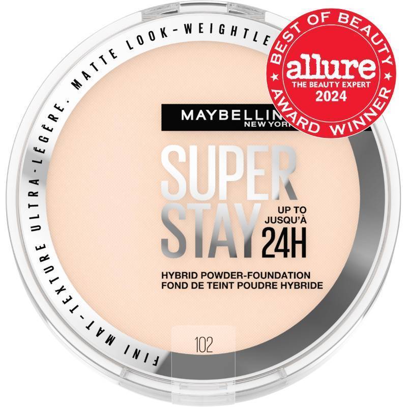 lot 37065 image: Maybelline Super Stay Up to 24HR Hybrid Powder-Foundation, Medium-to-Full Coverage Makeup, Matte Finish, 102, 1 Count - Retail $13