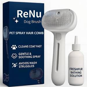lot 38062 image: Renu Dog Brush - 3-in-1 Self-Cleaning Steamy Pet Brush for Dogs & Cats, Fresh Fur Shower Brush That Removes Loose Hair, Reduces Shedding, Grooming Tool for Long & Short Hair, Wet or Dry Use (White) - Retail $18