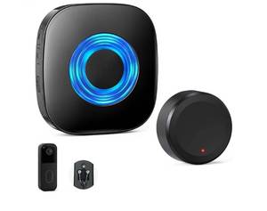 lot 38070 image: Wireless Doorbell Chime Compatible with Blink Video Doorbell (1st & 2nd Gen), Video Doorbell Extender Kit with Sleek Round Wired Transmitter & Plug-in Receiver, 656ft Range, 58 Melodies, Black (door bell camera not included) - Retail $30