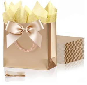 lot 38072 image: SHIPKEY 10PCS Champagne Gift Bags, 11x4x8 Medium Welcome Bags, Luxury Shopping Bags with Ribbon Handle and Bows (28x10x20cm) - Retail $16