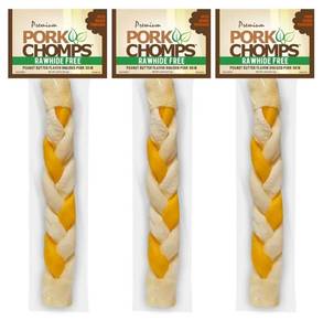 lot 38075 image: Pork Chomps Roasted Pork Skin Dog Chew, 8-inch Braid, Peanut Butter Flavor, 1 Count - Retail $21