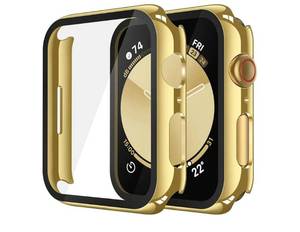lot 38083 image: 2 Pack Tempered Glass Case Compatible for Apple Watch SE 3 (2025) SE 2 SE Series 6 Series 5 Series 4 44mm, Hard PC Screen Protector Overall Protection Cover for iWatch, 1 Gold  1 Transparent - Retail $12