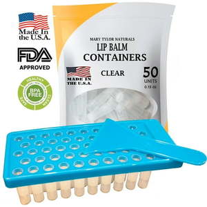 lot 38099 image: Lip Balm Container Kit with Fill Tray and Spatula  Made in the USA  Includes 50 Clear Lip Balm Containers (0.15 oz each) BPA Free by Mary Tylor Naturals - Retail $22