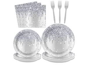 lot 38100 image: 96 Pieces Silver Glitter Party Tableware Set for Denim and Diamonds Party Decorations Silver Plates and Napkins Forks Glitter Diamonds Theme Birthday Table Decorations for 24 Guests Parties Supplies - Retail $18