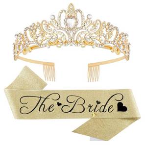 lot 38102 image: Gold Bride to Be Sash & Tiara Kit, Bachelorette Party Decorations, Bride Sash, Bachelorette Sash, Bride Sash for Bridal Shower, Bachelorette Sash and Tiara for Bridal Party Wedding Shower - Retail $6