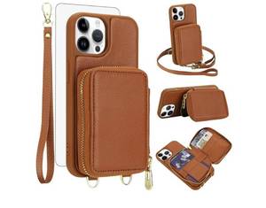 lot 38103 image: Phone Case for iPhone 15 Pro 6.1 inch Wallet Cell Cover with Tempered Glass Screen Protector Wrist Crossbody Strap Lanyard Stand RFID Blocking Credit Card Holder i Phone15 i15 15Pro Women Girls Brown - Retail $20
