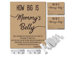 lot 38131 image: How Big is Mommys Belly Rustic Baby Shower Gender Neutral Game Includes 8x10 Inch Kraft Standing Sign and 50 Guessing Cards, 3 Rolls 10 Feet Measuring Tape - Retail $12