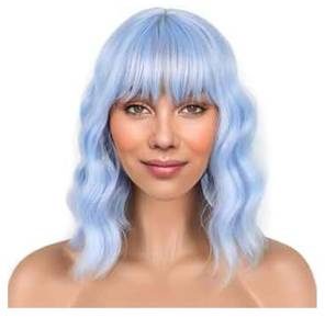 lot 38143 image: Light blue Short Bob Wigs with Bangs for Women Loose Wavy Hair Shoulder Length Wigs Synthetic Colorful Wigs for Cosplay Daily Party(Light blue��12inch) - Retail $17
