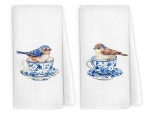 lot 38155 image: Chinoiserie Birds Kitchen Dish Towels 16x24 Inch Set of 2, Bird Tea Cup Gift for Bird Lover, Cute Blue Birds Dish Towel, Blue and White Porcelain Decorative Hand Tea Towels for Bathroom Cooking - Retail $15