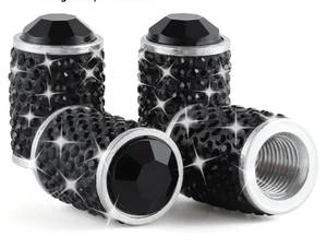 lot 38164 image: Car Wheel Tire Valve Caps, 4 PCS Bling Tire Valve Caps, Crystal Tire Caps Shinny Rhinestone for Women, Universal Car Dustproof Tire Valve Caps for Cars, Trucks, SUV and Motorcycles (Black) - Retail $5