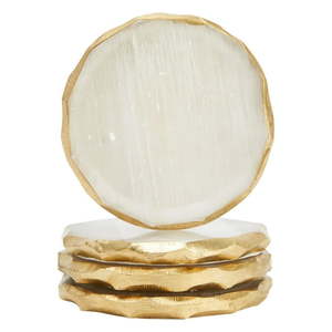 lot 38181 image: 4 Pack Natural Selenite Crystal Coasters for Drinks  Geode Slices with Gold Painted Edge (3.75-4 In) - Retail $26