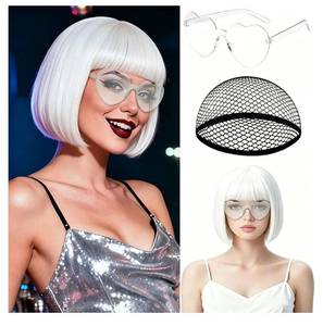 lot 38187 image: White Short Bob Wigs Straight Hair with Flat Bangs Heart Sunglasses for Women, Colorful Funny Cosplay Party Neon Wig Synthetic Natural As Real Carnival Halloween Costume Party Favors - Retail $10