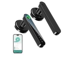 lot 38190 image: Fingerprint Door Handle for Bedrooms - 191Y 4-in-1 Fingerprint Door Lock with Keypad and App Control, Smart Knob for Bedroom with Key, Keyless Entry Door Handle - Black - Retail $50