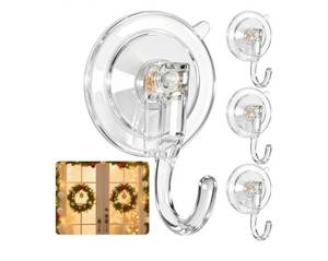 lot 38198 image: Wreath Hangers for Front Door, Clear Suction-Cup-Hooks Wreath-Door-Hanger on Glass Window,Easter Valentine��s Decorations Indoor Outdoor Over The Doors Hooks,Removable and Reusable, 4 Pack - Retail $7