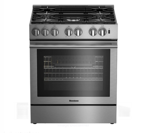 lot 14 image: Blomberg 30 Inch Slide-In Gas Range with 5 Sealed Burners, 5.7 cu. ft. Convection Oven, 16,000 BTU Wok Burner, Storage Drawer, Self Clean, Sabbath Mode, and 2 Chromed Wire Racks Natural Gas - Retail $3,375