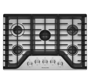 lot 18 image: Kitchen aid Gas Cooktop in Stainless Steel with 5 Burners Including a Multi-Flame Dual Tier Burner and a Simmer Burner - Retail $1,599
